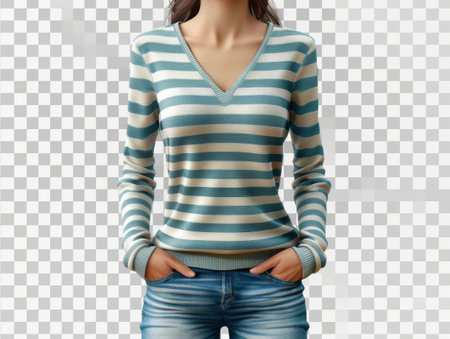 white and dark light blue stripe striped long sleeve woman tee sweater.の素材