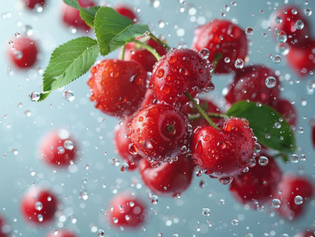 Falling fresh red cherries into water.の素材