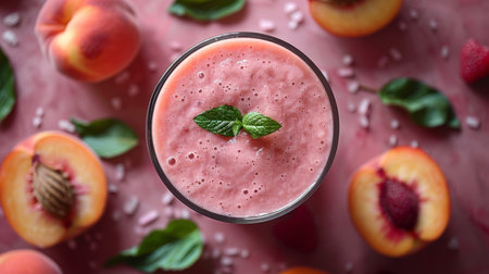 Peach fruit smoothie juice in glass surround with pieces of peach and green leaves.の素材