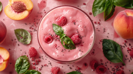 Peach fruit smoothie juice in glass surround with pieces of peach and green leaves.の素材
