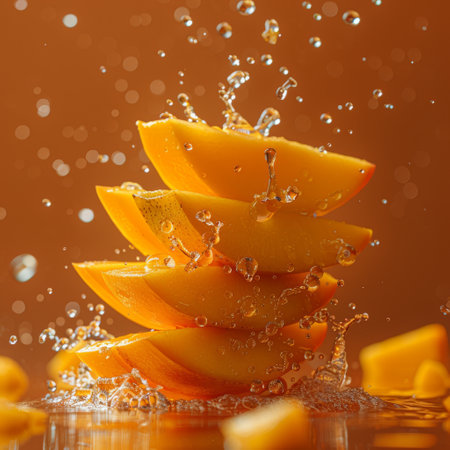 Mango with half slices falling.の素材