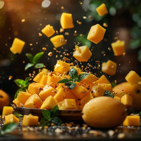 Mango with half slices falling.の素材