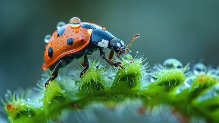 Beautiful ladybug on a green leaf with dew drops.の素材