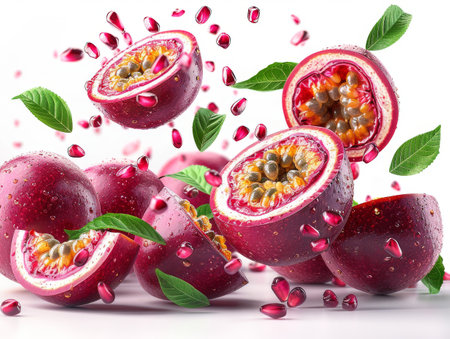 passion fruit with half slice and seed falling in the air with leaves.の素材