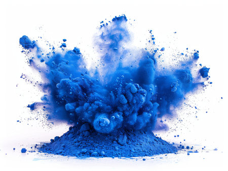 blue splash explosion of powder on a white background.の素材