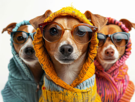 Set of cute Jack Russell dogs wearing sunglasses and costumes.の素材