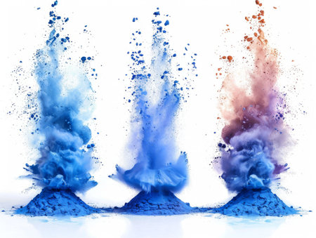 blue splash explosion of powder on a white background.の素材