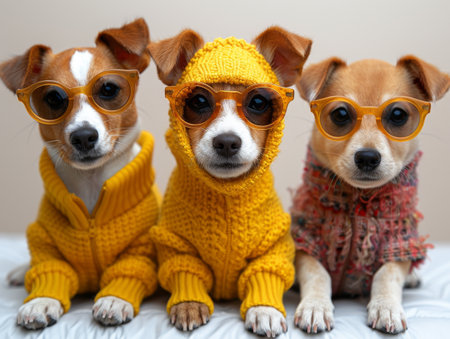 Set of cute Jack Russell dogs wearing sunglasses and costumes.の素材