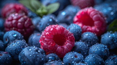 blueberries and raspberries.の素材