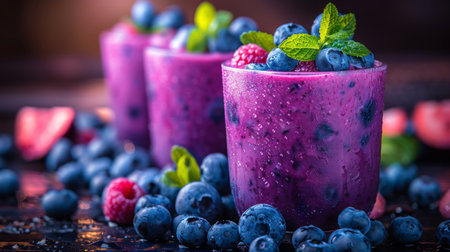 blueberries smoothie in a glass.の素材