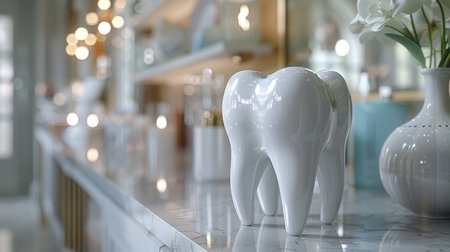 Tooth model in the interior of the dentist office. 3D rendering.の素材