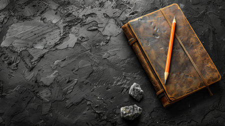 note book with pencils on a gray stone background.の素材