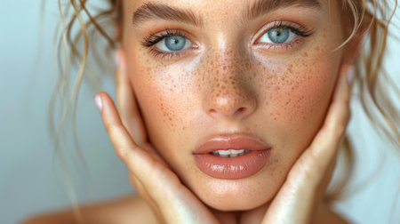 close up portrait of a woman with freckles.の素材
