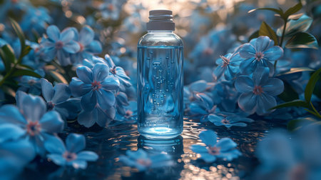 bottle of blue oral liquid made of transparent glass.の素材