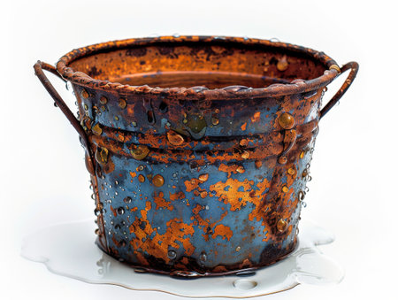 iron bucket filled with water on a white background.の素材