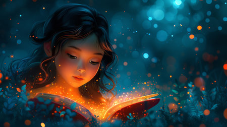 girl reading fairy tale in the night.の素材