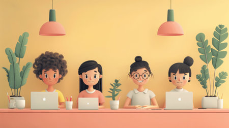 vector illustration with minimal style of an office desk with people.の素材