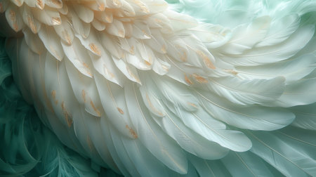 abstract beautiful soft feathers on a green and gold pastel colors background.の素材
