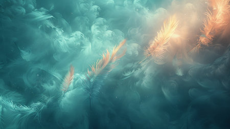 abstract beautiful soft feathers on a green and gold pastel colors background.の素材