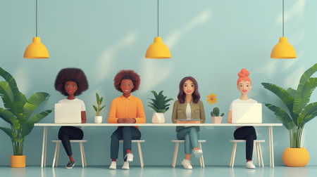 vector illustration with minimal style of an office desk with people.の素材