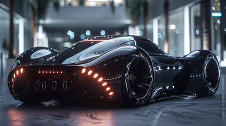black super futuristic electro car facing backward.の素材