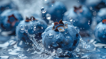 blueberries in water splashing.の素材