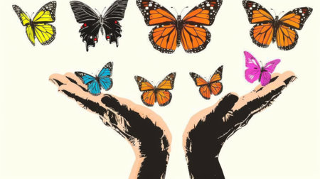 Hands releasing butterflies.の素材