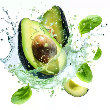 Sliced avocado with splashes isolated on white background.の素材