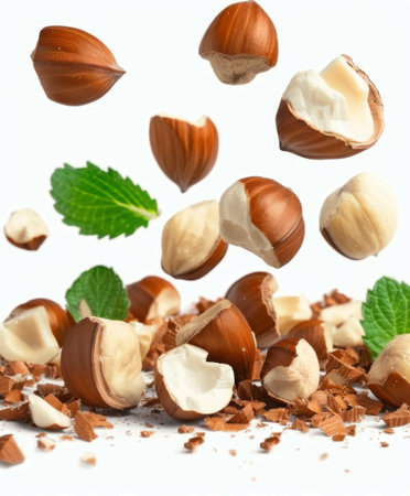 Pieces of tasty hazelnuts falling on white background.の素材