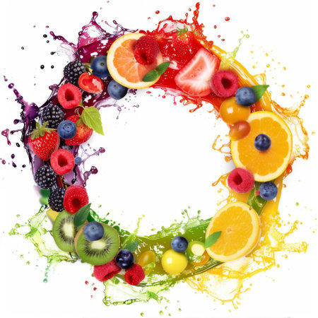 Fruits and berries in juice splash circle frame.の素材