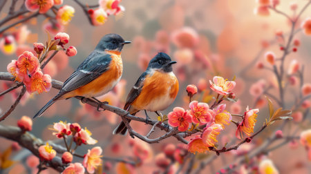 journey style wallpaper, with birds, flowers and trees, flat green background.の素材
