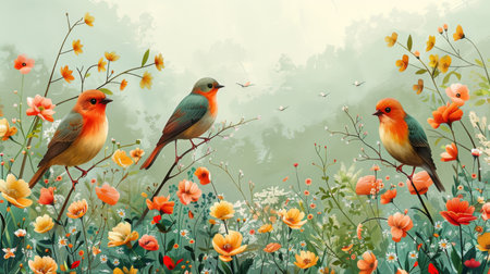 journey style wallpaper, with birds, flowers and trees, flat green background.の素材