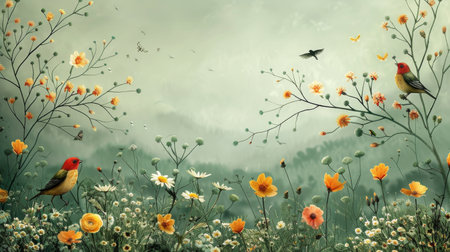 journey style wallpaper, with birds, flowers and trees, flat green background.の素材