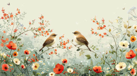 journey style wallpaper, with birds, flowers and trees, flat green background.の素材