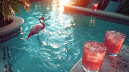 pool party, drinks, palm frawns.の素材