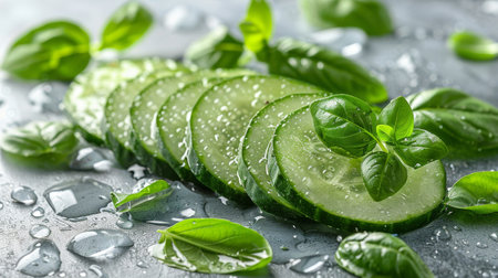 cucumber slices with leaves.の素材