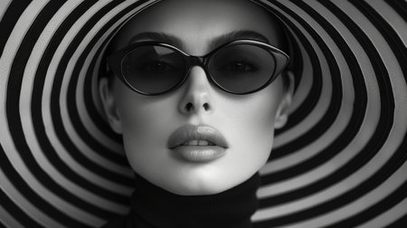 strange portrait, woman in very vivid striped hat, black and white background.の素材