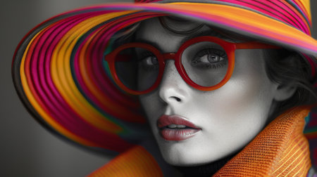 strange portrait, woman in very vivid striped hat, black and white background.の素材