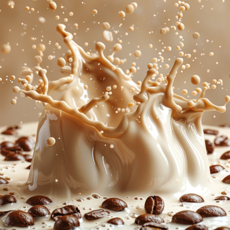 coffee with milk swirl splash and little bubbles with falling coffee beans.の素材