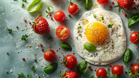 Fried egg with cherry tomatoes and basil on color background, top viewの素材
