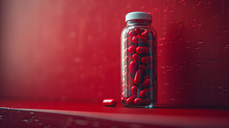 Red pills in a glass jar on a red background. Medicine conceptの素材