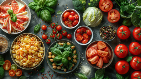 Composition with different types of pasta on gray background, top viewの素材