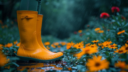 Spring garden with yellow rubber boots.の素材