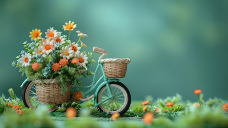 bicycle with a basket of flowers on a pink background with empty space.の素材