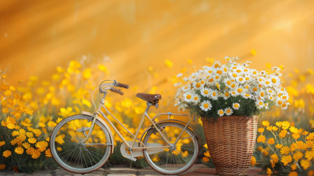 bicycle with a basket of flowers on a pink background with empty space.の素材