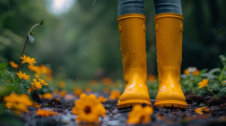 Spring garden with yellow rubber boots.の素材