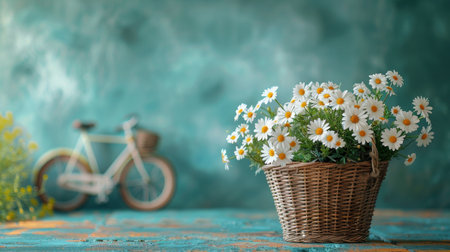 bicycle with a basket of flowers on a green background with empty space.の素材