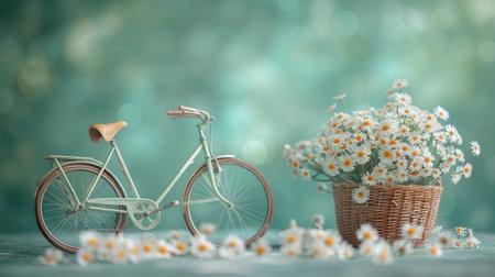 bicycle with a basket of flowers on a pink background with empty space.の素材