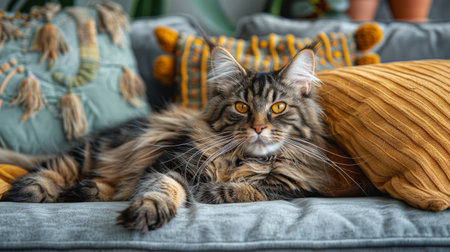aesthetic big orange Maine Coon in a modern interior.の素材