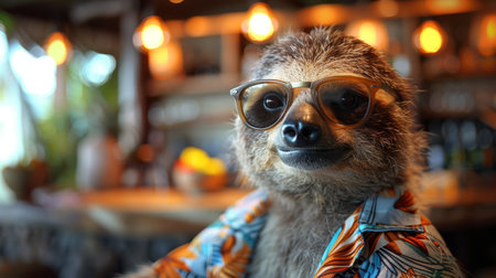 cool sloth with sunglasses in hawaii shirt.の素材